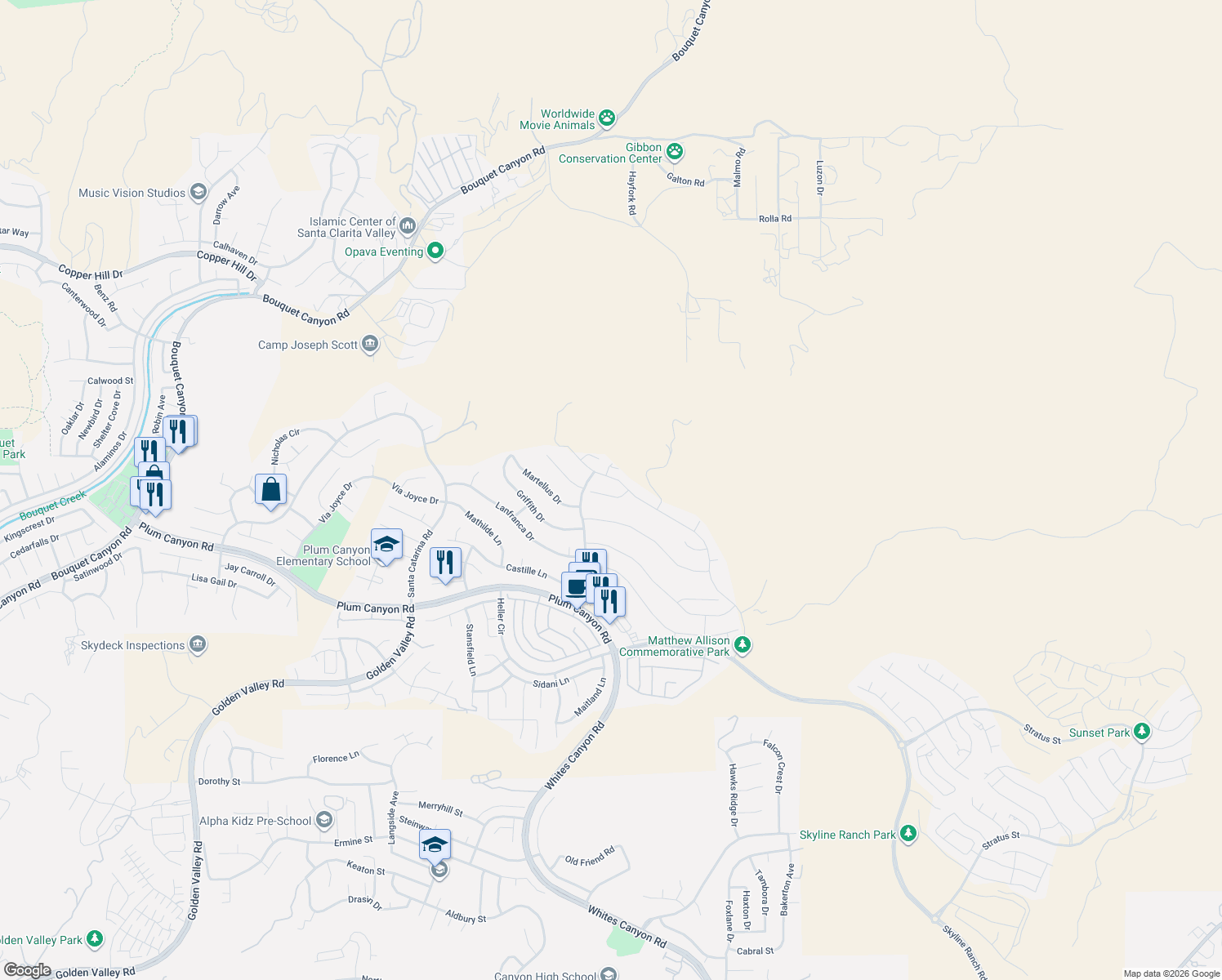 map of restaurants, bars, coffee shops, grocery stores, and more near 19330 Moriah Lane in Santa Clarita
