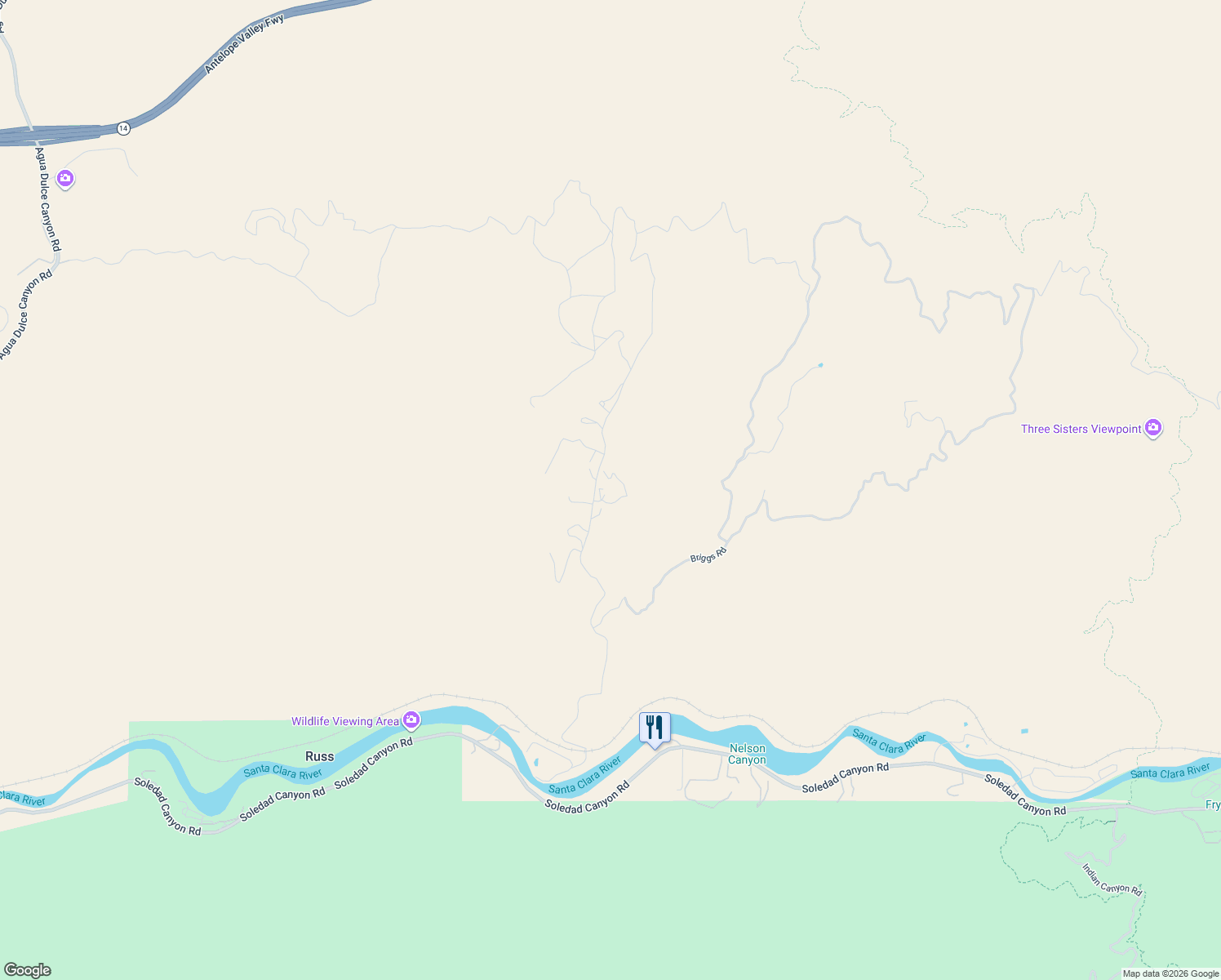 map of restaurants, bars, coffee shops, grocery stores, and more near 30090 Briggs Road in Agua Dulce