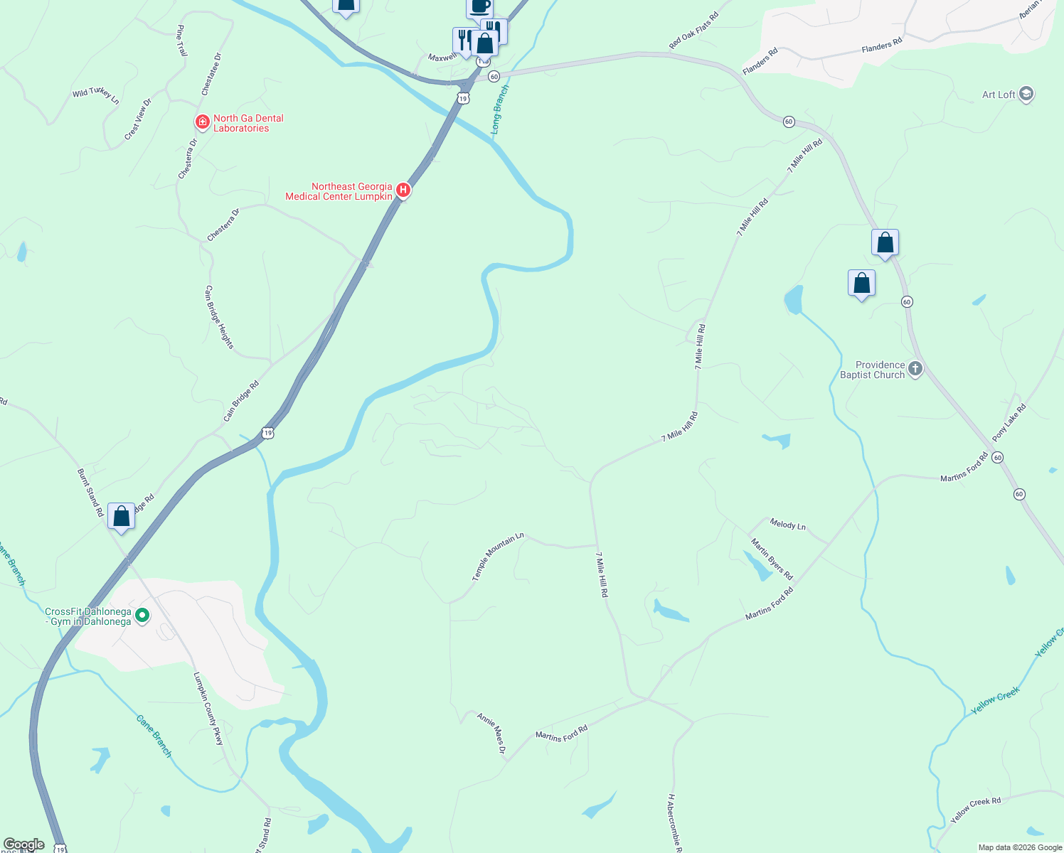 map of restaurants, bars, coffee shops, grocery stores, and more near Fox Mountain Lane in Dahlonega