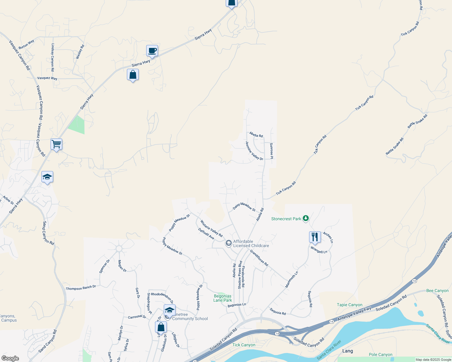 map of restaurants, bars, coffee shops, grocery stores, and more near 30030 Grandifloras Road in Santa Clarita