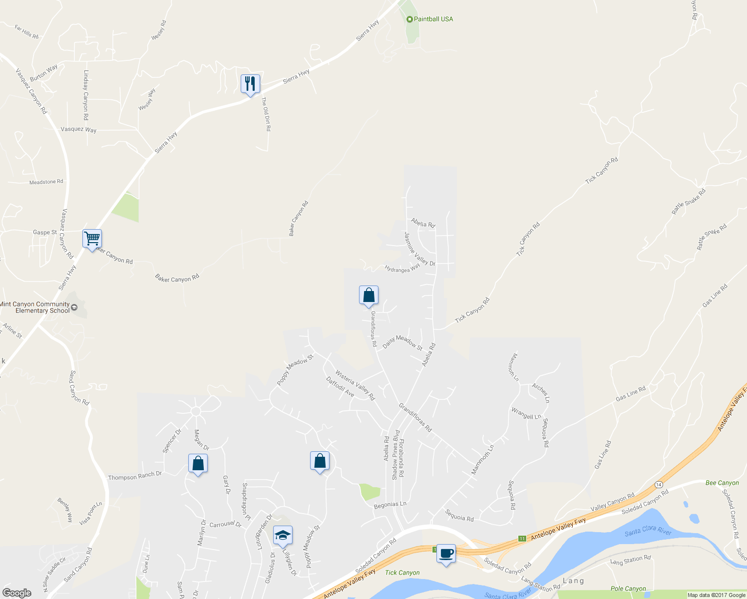 map of restaurants, bars, coffee shops, grocery stores, and more near 30030 Grandifloras Road in Santa Clarita