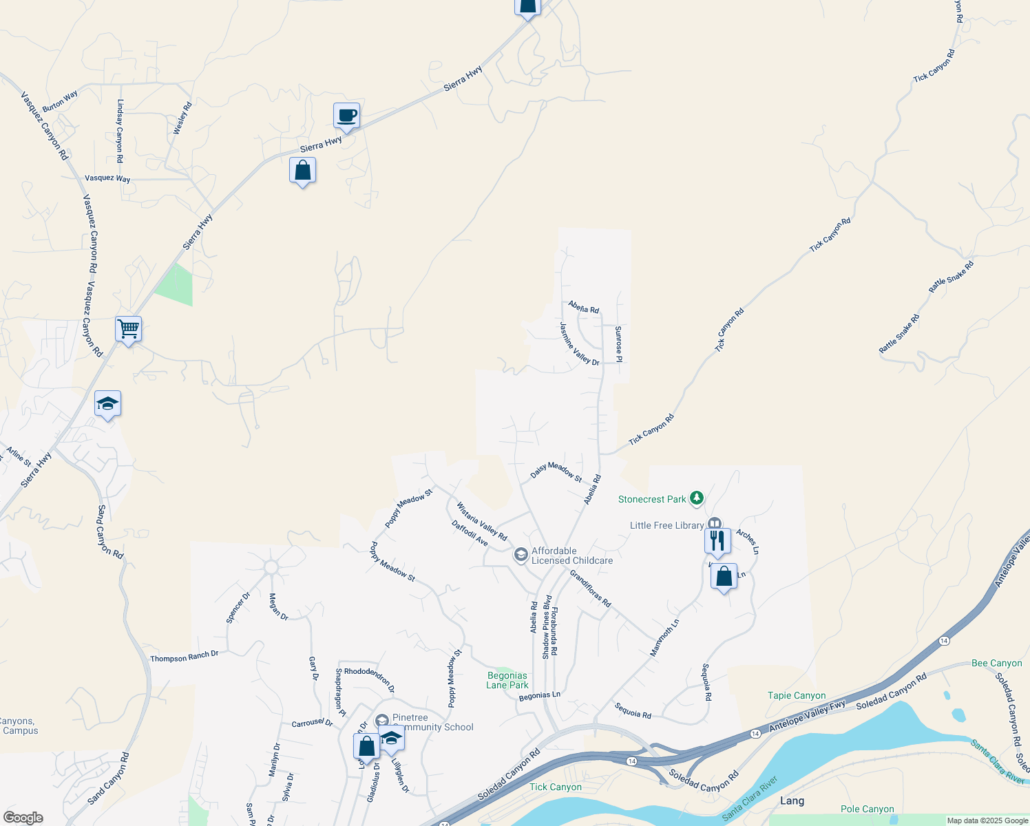 map of restaurants, bars, coffee shops, grocery stores, and more near 30030 Grandifloras Road in Santa Clarita