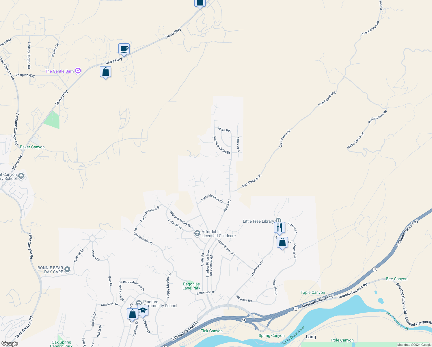 map of restaurants, bars, coffee shops, grocery stores, and more near Dahlia Ridge Drive in Santa Clarita
