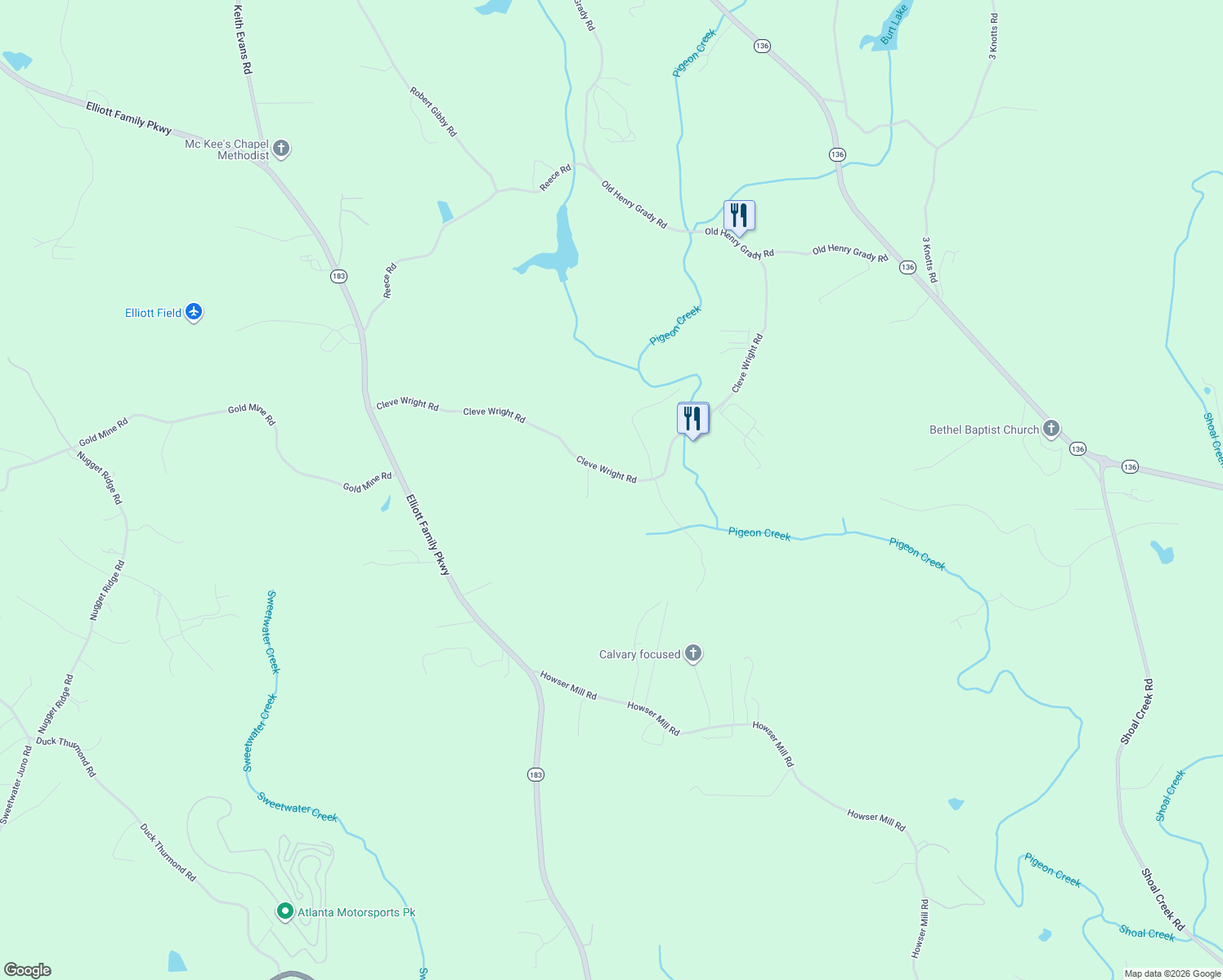 map of restaurants, bars, coffee shops, grocery stores, and more near 536 Cleve Wright Road in Dawsonville