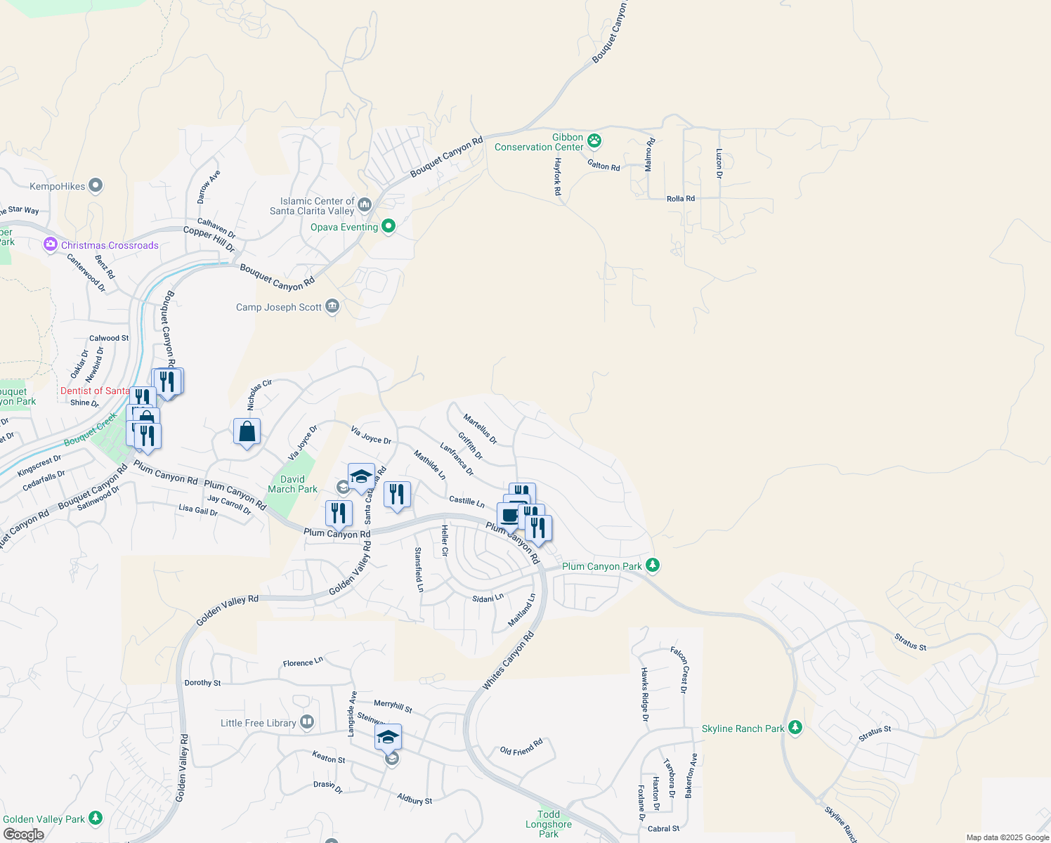 map of restaurants, bars, coffee shops, grocery stores, and more near 19352 Bension Drive in Santa Clarita