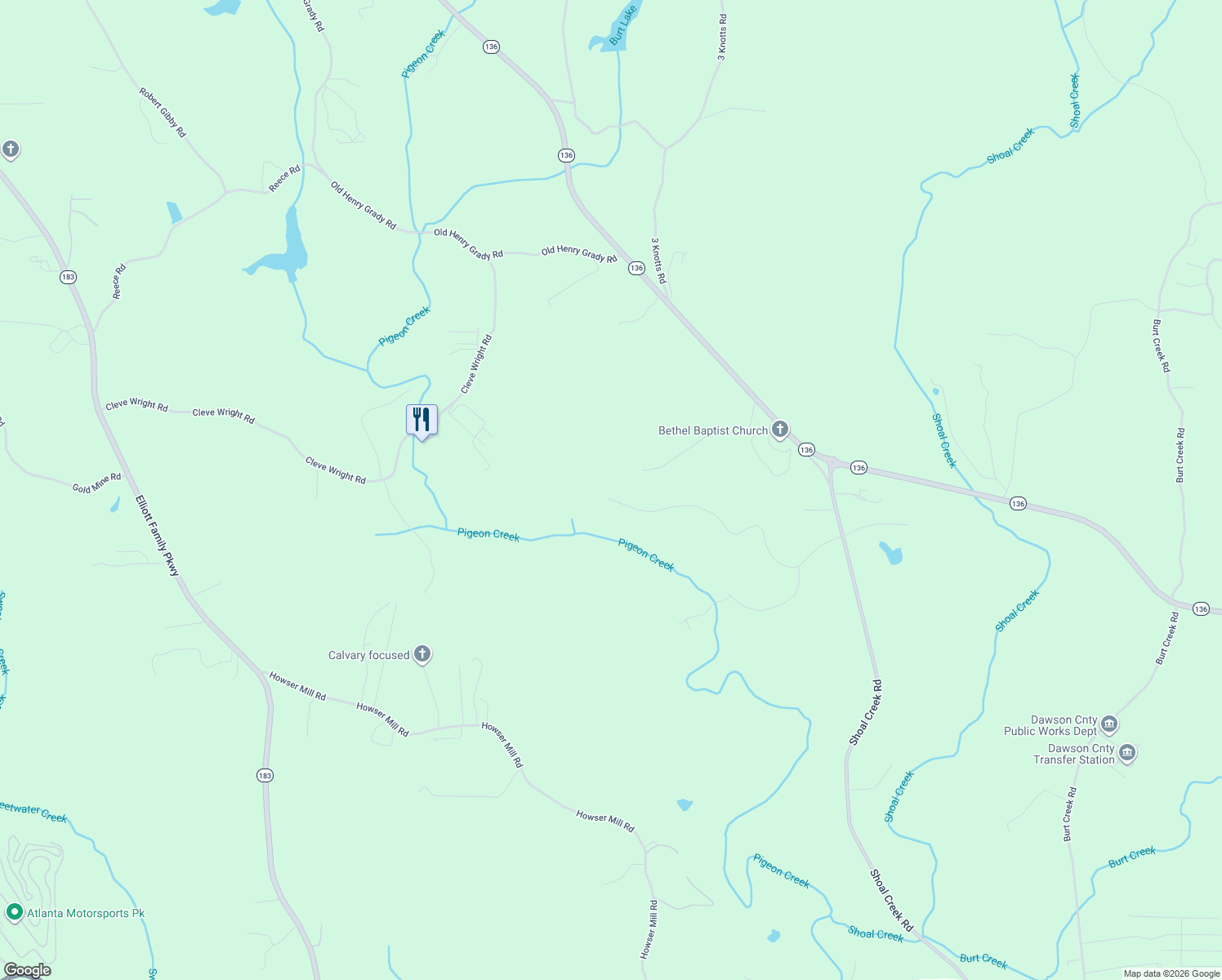 map of restaurants, bars, coffee shops, grocery stores, and more near 748 Pigeon Creek Drive in Dawsonville