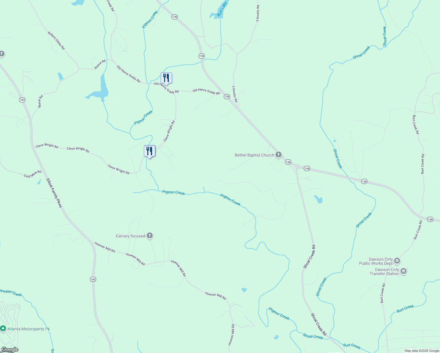 map of restaurants, bars, coffee shops, grocery stores, and more near 748 Pigeon Creek Drive in Dawsonville