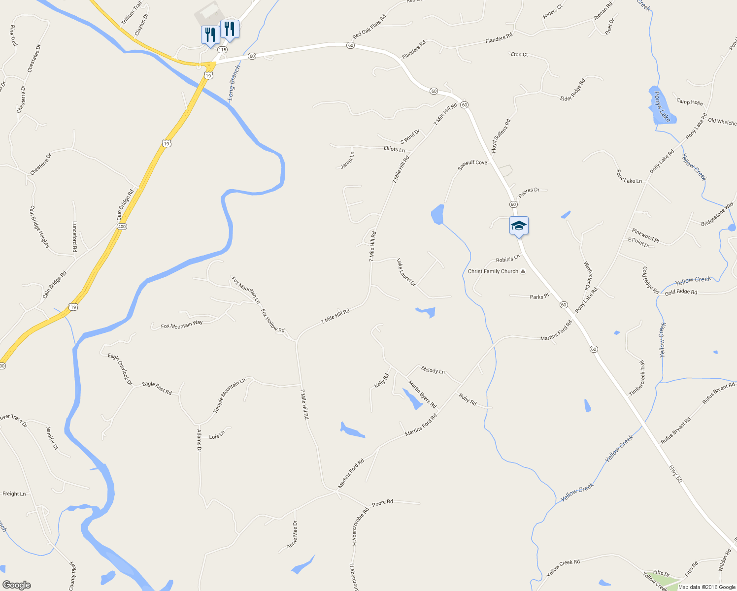 map of restaurants, bars, coffee shops, grocery stores, and more near 1098 7 Mile Hill Road in Dahlonega