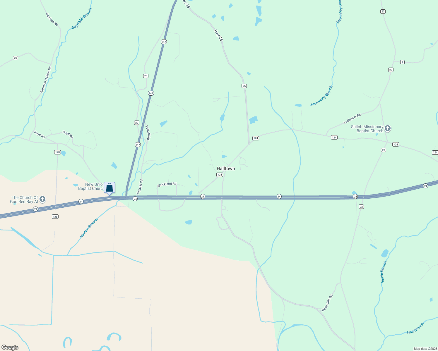 map of restaurants, bars, coffee shops, grocery stores, and more near 255 County Road 124 in Red Bay