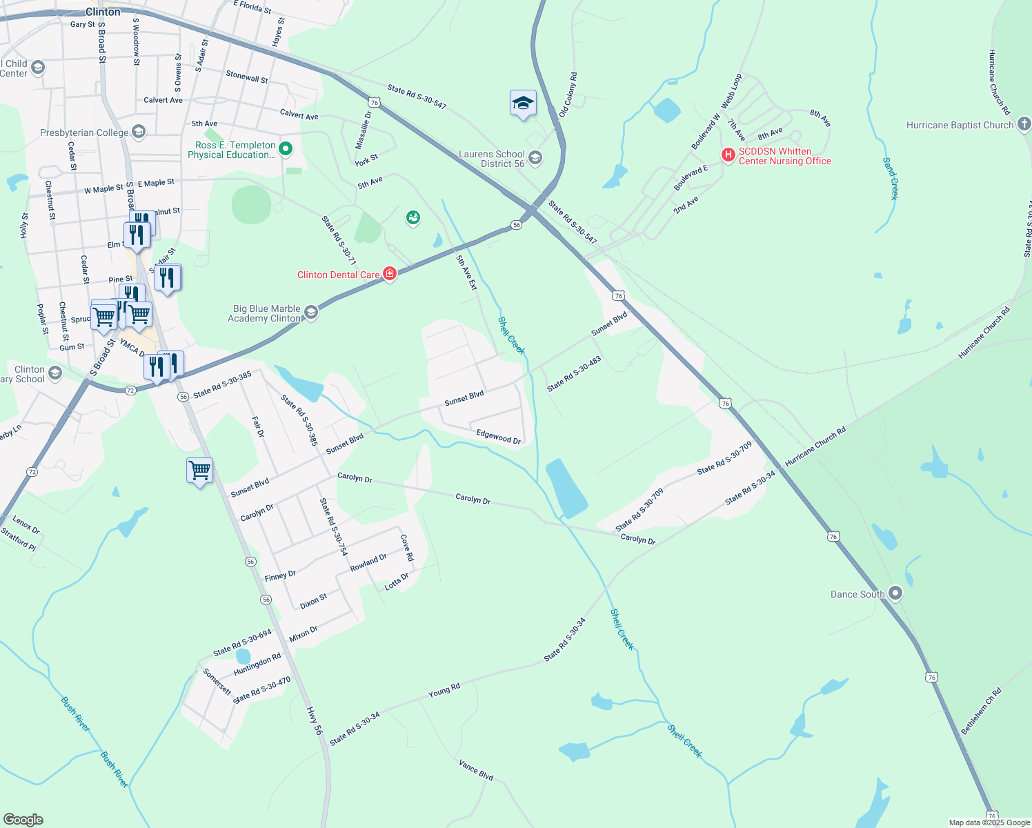 map of restaurants, bars, coffee shops, grocery stores, and more near 25 Edgewood Cir in Clinton