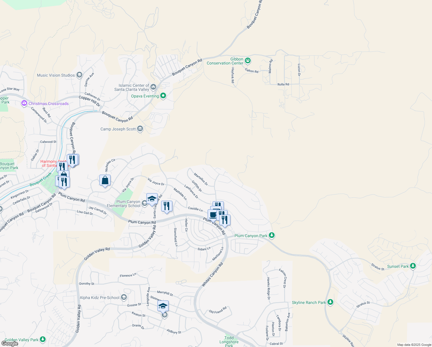 map of restaurants, bars, coffee shops, grocery stores, and more near 19412 Bension Drive in Santa Clarita