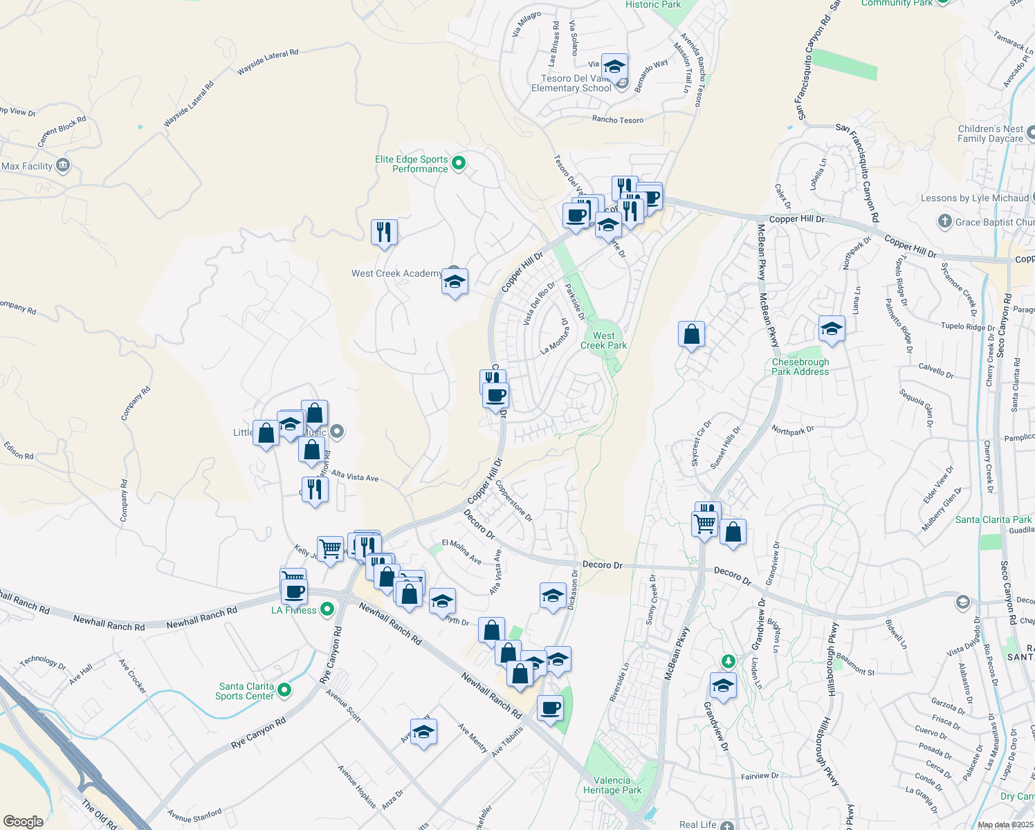 map of restaurants, bars, coffee shops, grocery stores, and more near 28321 Esplanada Drive in Santa Clarita