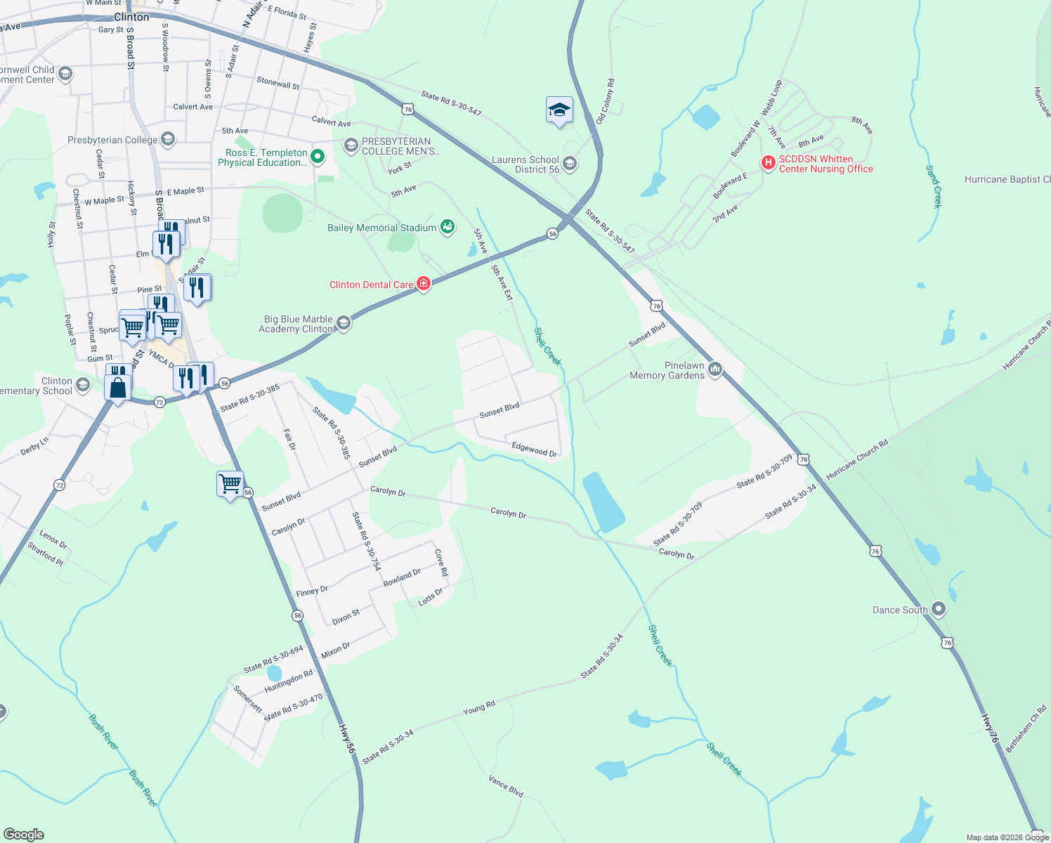 map of restaurants, bars, coffee shops, grocery stores, and more near 112 Edgewood Cir in Clinton