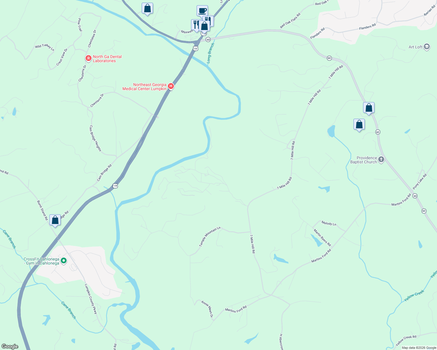 map of restaurants, bars, coffee shops, grocery stores, and more near Fox Mountain Lane in Lumpkin County