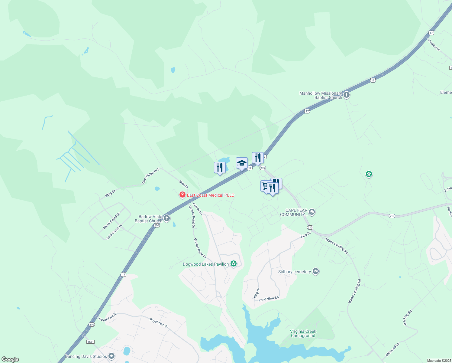 map of restaurants, bars, coffee shops, grocery stores, and more near 21572 U.S. 17 in Hampstead