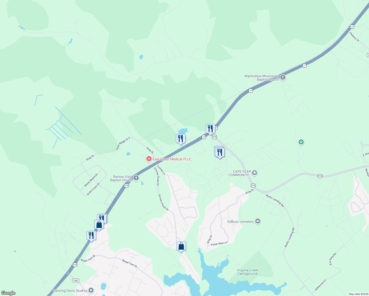 map of restaurants, bars, coffee shops, grocery stores, and more near 19240 U.S. 17 in Hampstead