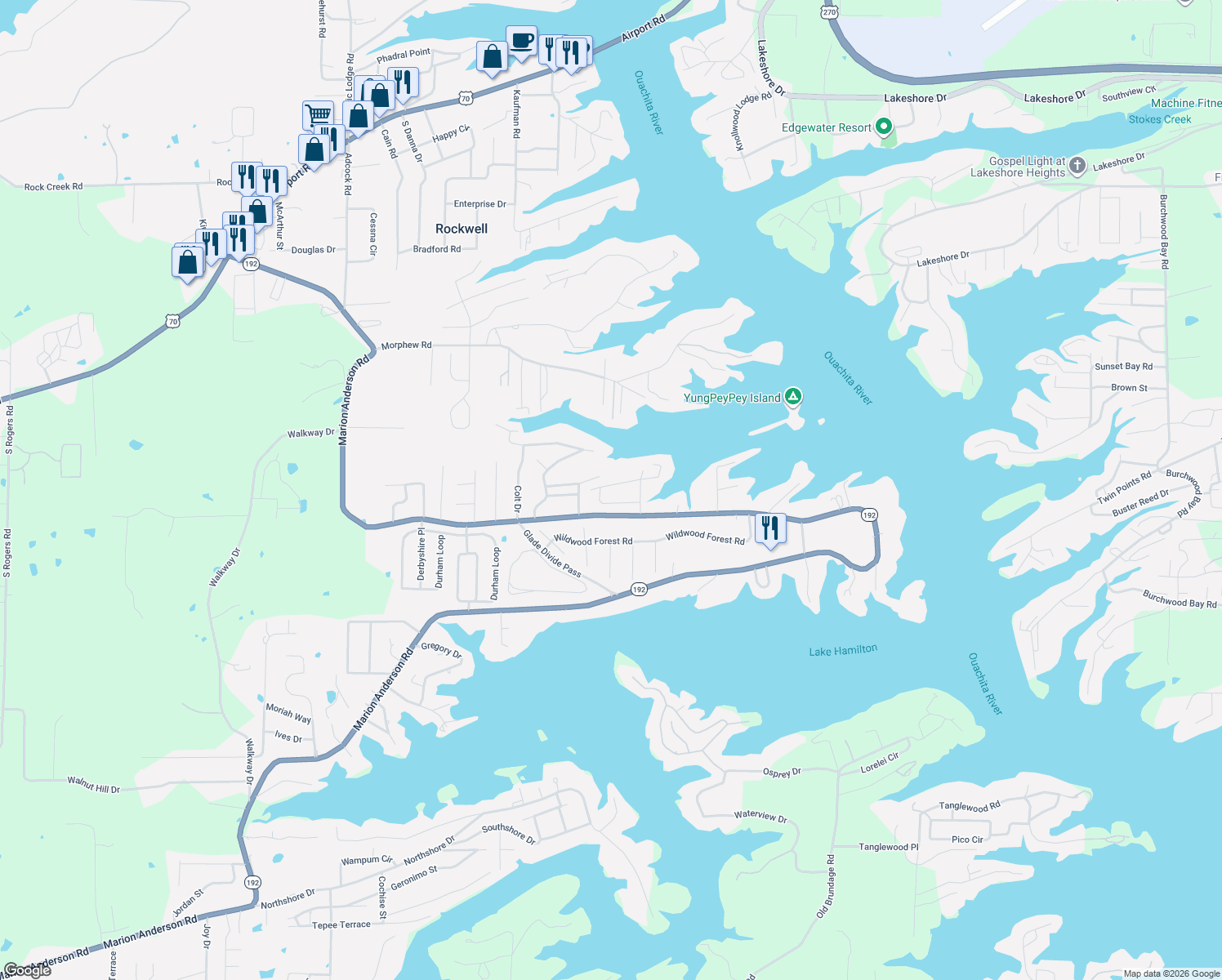 map of restaurants, bars, coffee shops, grocery stores, and more near 228 Remington Terrace in Hot Springs