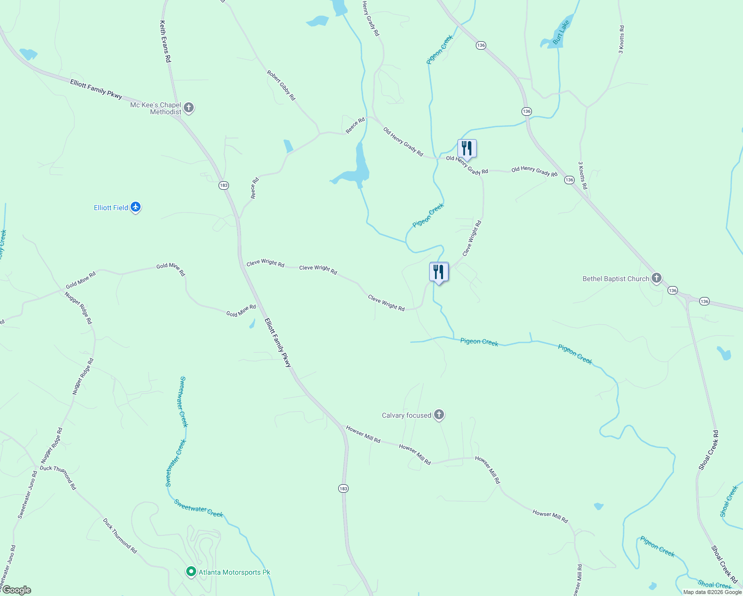 map of restaurants, bars, coffee shops, grocery stores, and more near 536 Cleve Wright Road in Dawsonville