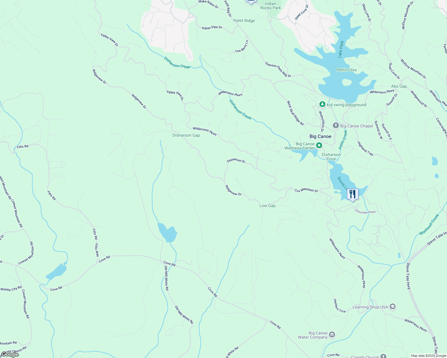 map of restaurants, bars, coffee shops, grocery stores, and more near Cox Mountain Drive in Pickens County