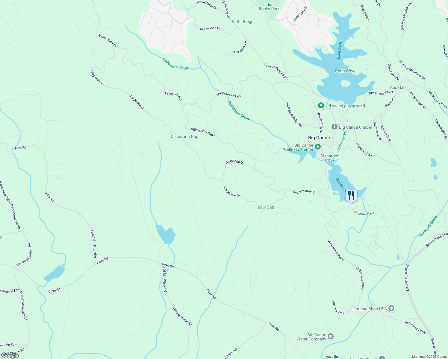 map of restaurants, bars, coffee shops, grocery stores, and more near Cox Mountain Lane in Pickens County
