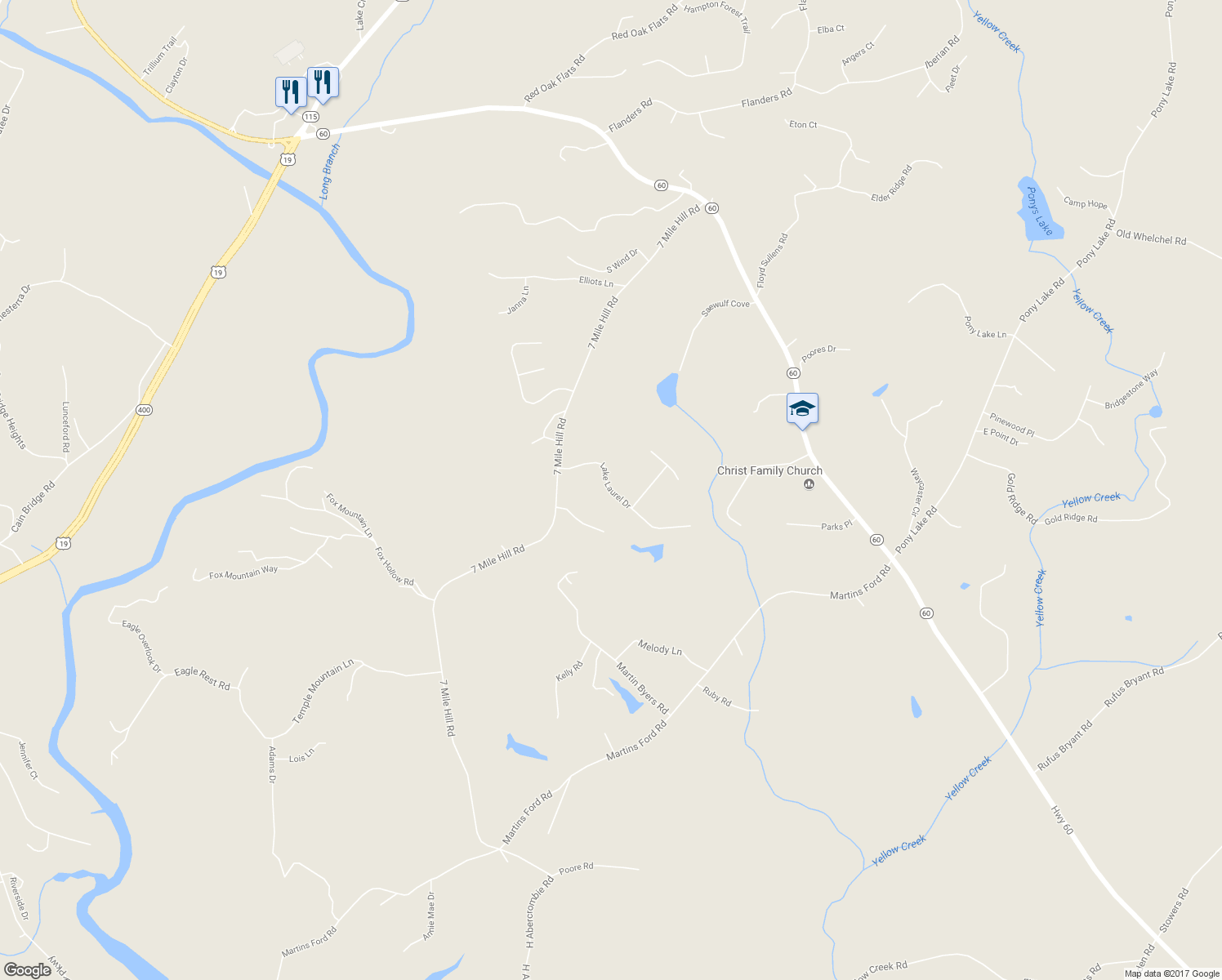 map of restaurants, bars, coffee shops, grocery stores, and more near 137 Lake Laurel Drive in Dahlonega