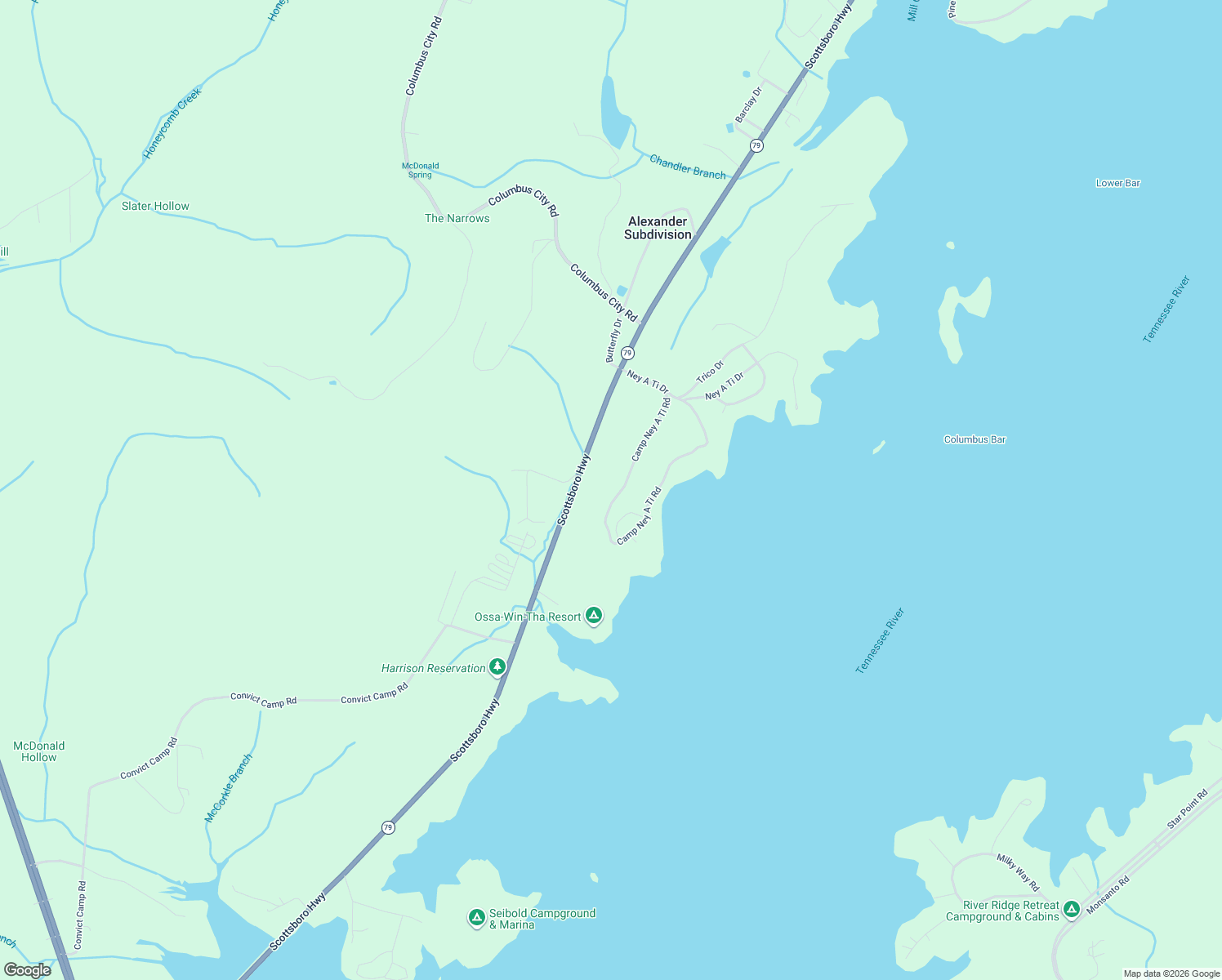 map of restaurants, bars, coffee shops, grocery stores, and more near 363 Camp Ney a Ti Road in Guntersville