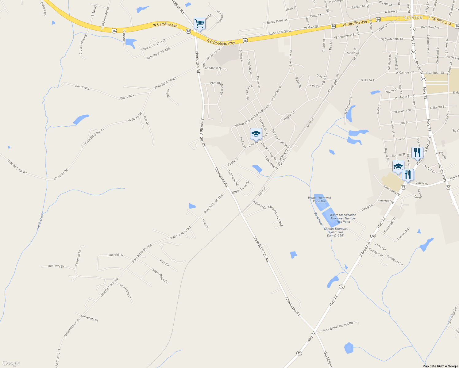 map of restaurants, bars, coffee shops, grocery stores, and more near 1257 Charlottes Rd in Clinton