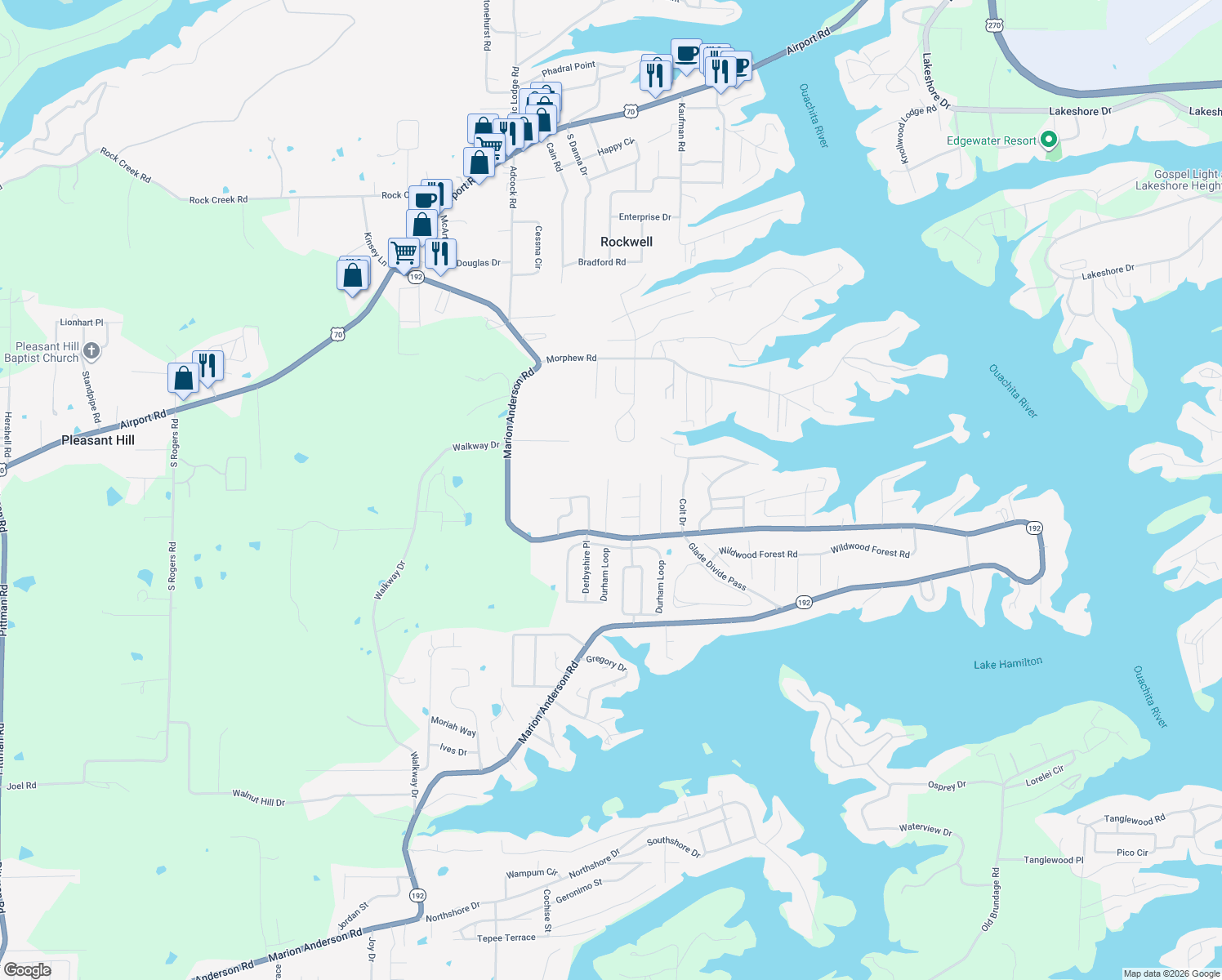 map of restaurants, bars, coffee shops, grocery stores, and more near 138 Westoak Place in Hot Springs