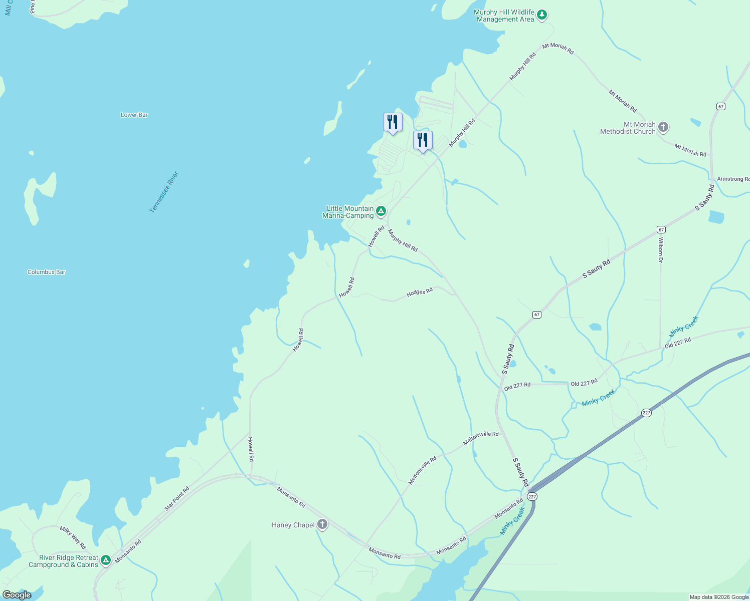 map of restaurants, bars, coffee shops, grocery stores, and more near 492 Hodges Road in Langston