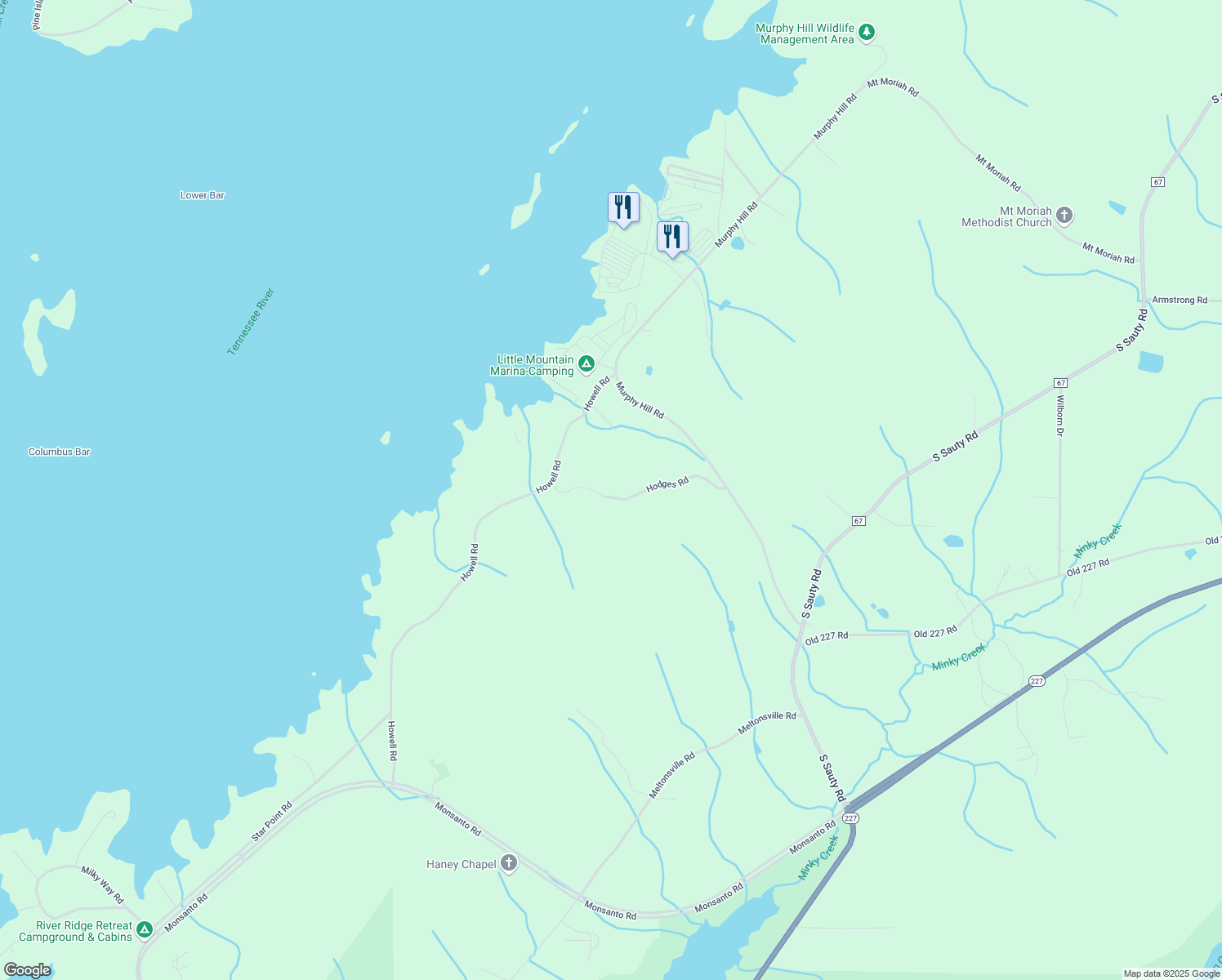 map of restaurants, bars, coffee shops, grocery stores, and more near 492 Hodges Road in Langston
