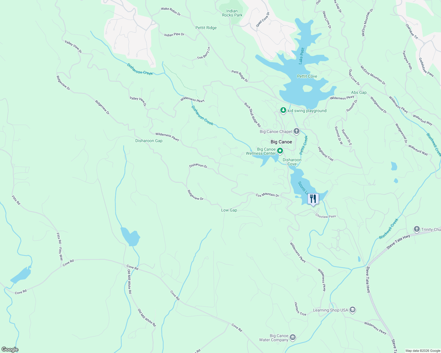 map of restaurants, bars, coffee shops, grocery stores, and more near 407 Wilderness Lane in Big Canoe