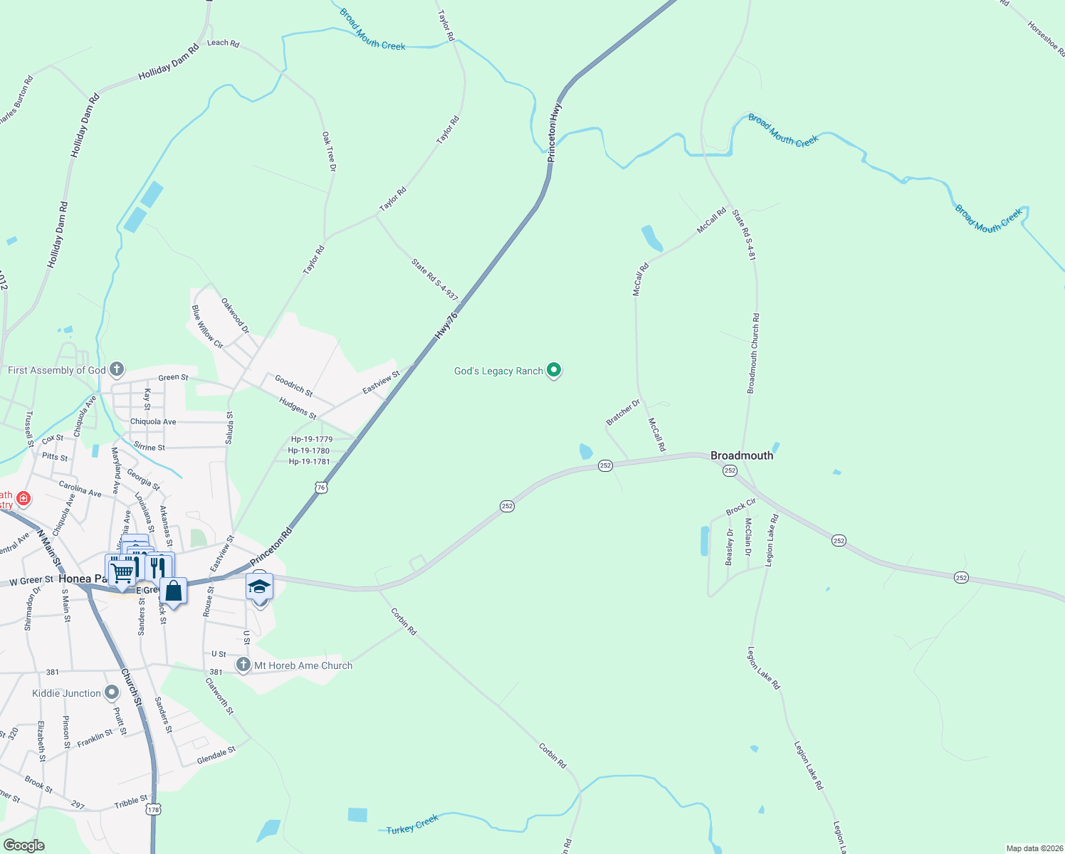 map of restaurants, bars, coffee shops, grocery stores, and more near 8297 South Carolina 252 in Honea Path