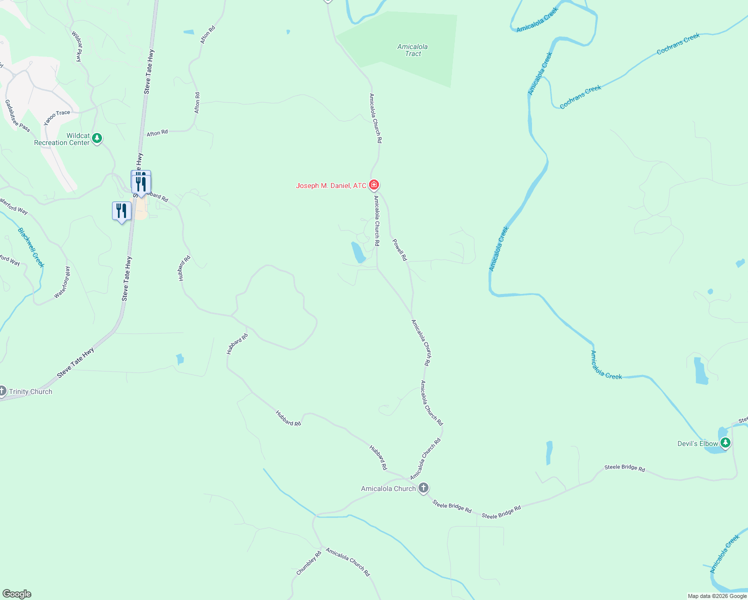 map of restaurants, bars, coffee shops, grocery stores, and more near 2637 Amicalola Church Road in Dawsonville