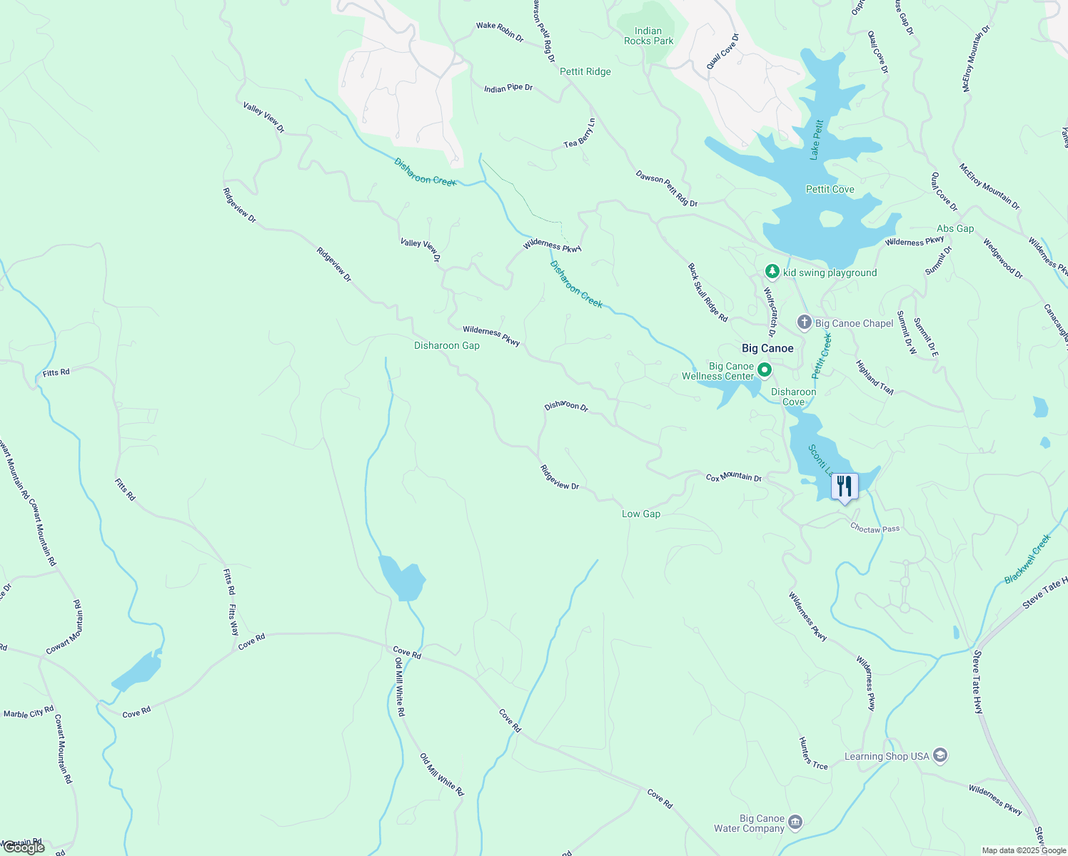map of restaurants, bars, coffee shops, grocery stores, and more near Disharoon Drive in Pickens County