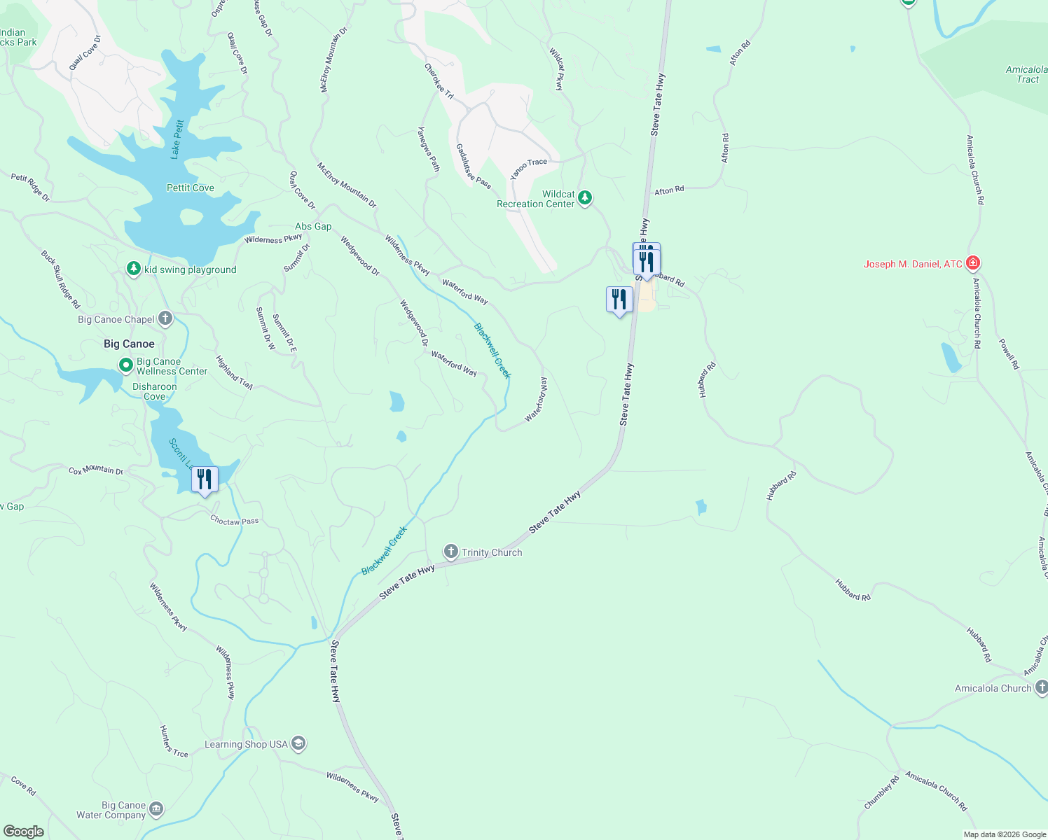 map of restaurants, bars, coffee shops, grocery stores, and more near Waterford Way in Pickens County