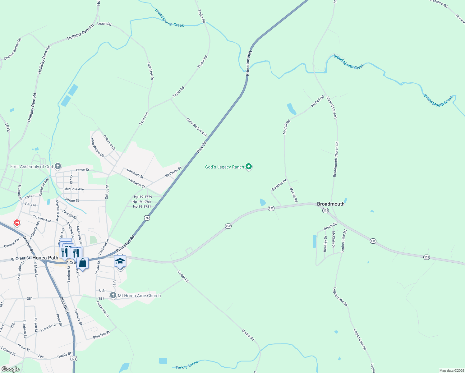 map of restaurants, bars, coffee shops, grocery stores, and more near in Honea Path