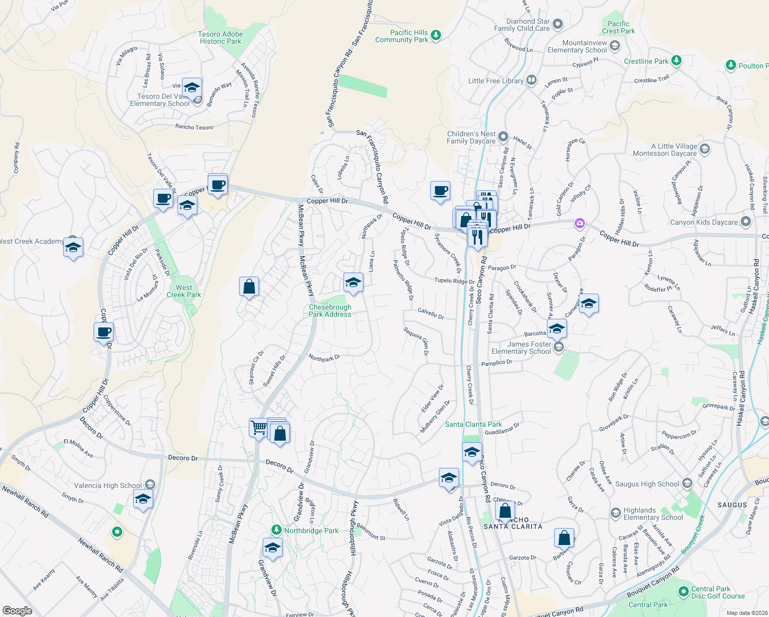 map of restaurants, bars, coffee shops, grocery stores, and more near 23212 Savory Place in Santa Clarita