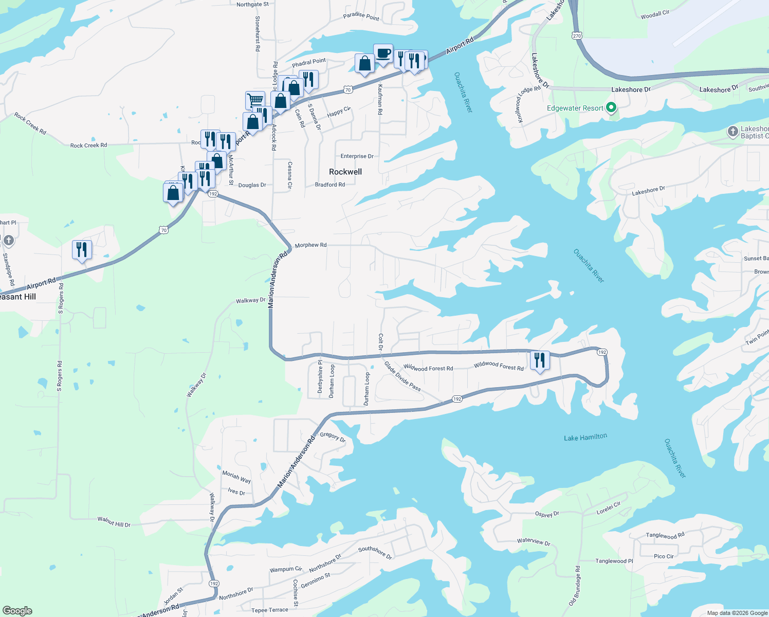 map of restaurants, bars, coffee shops, grocery stores, and more near 104 Colt Drive in Rockwell