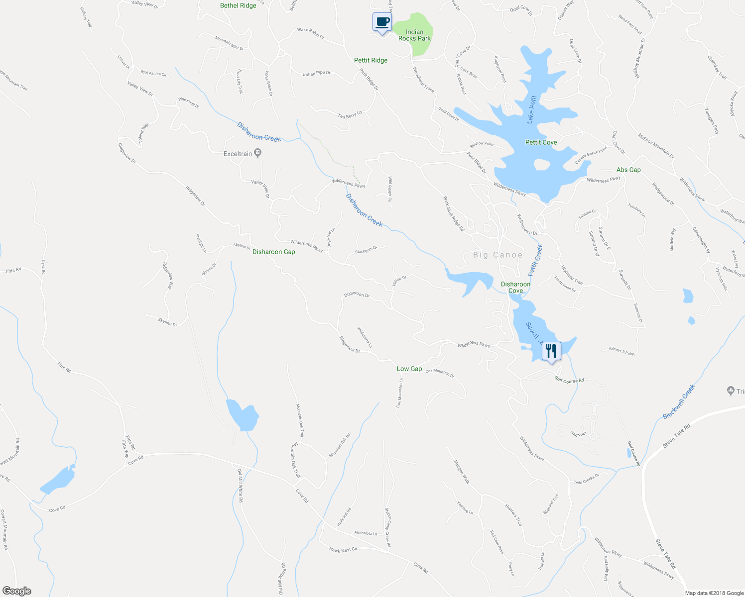 map of restaurants, bars, coffee shops, grocery stores, and more near Disharoon Drive in Pickens County