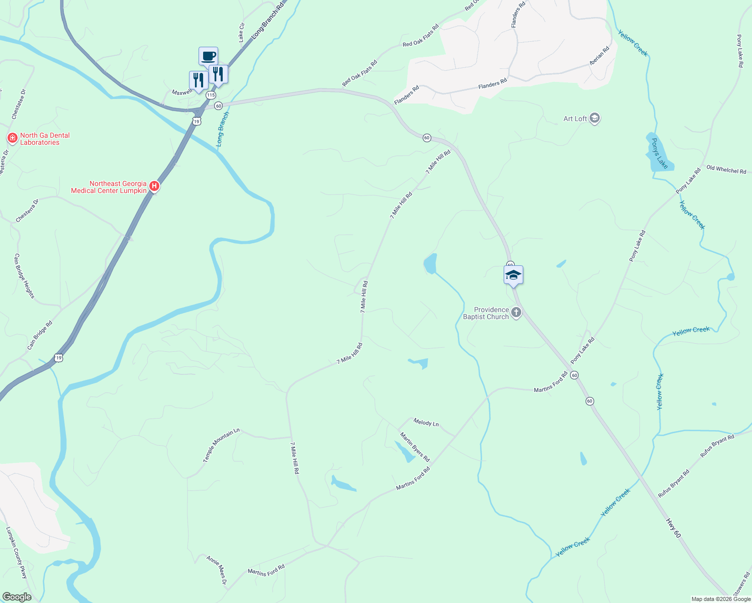 map of restaurants, bars, coffee shops, grocery stores, and more near 77 Lake Laurel Drive in Dahlonega