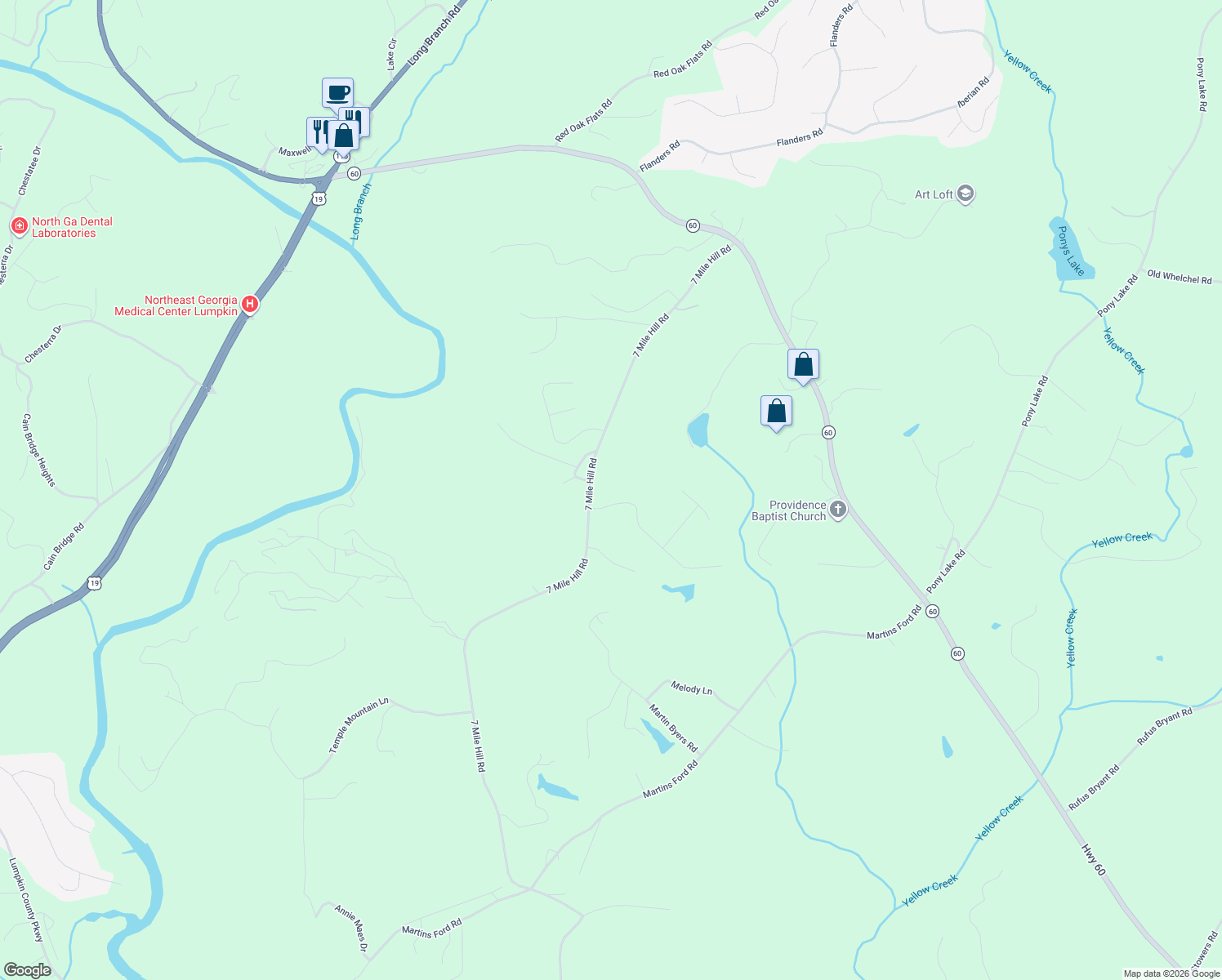 map of restaurants, bars, coffee shops, grocery stores, and more near 77 Lake Laurel Dr in Dahlonega