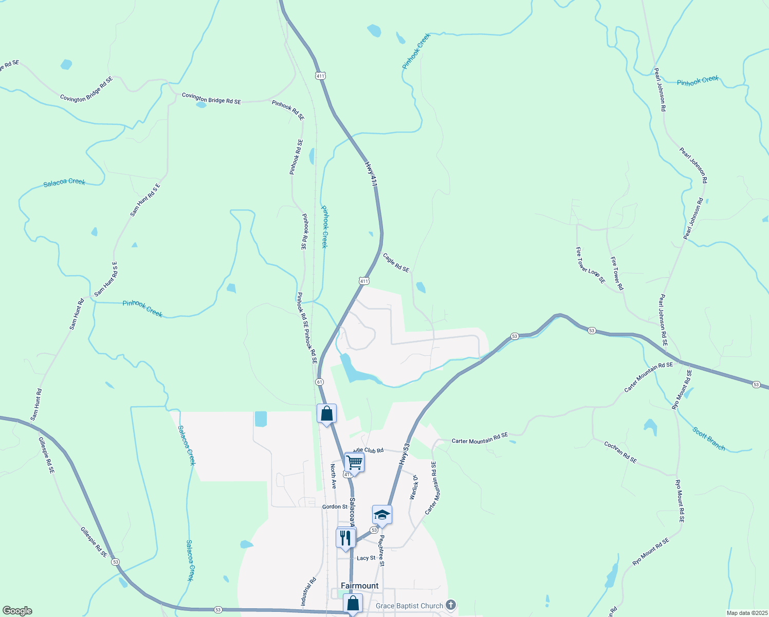 map of restaurants, bars, coffee shops, grocery stores, and more near 1018 Scott Brown Rd SE in Fairmount