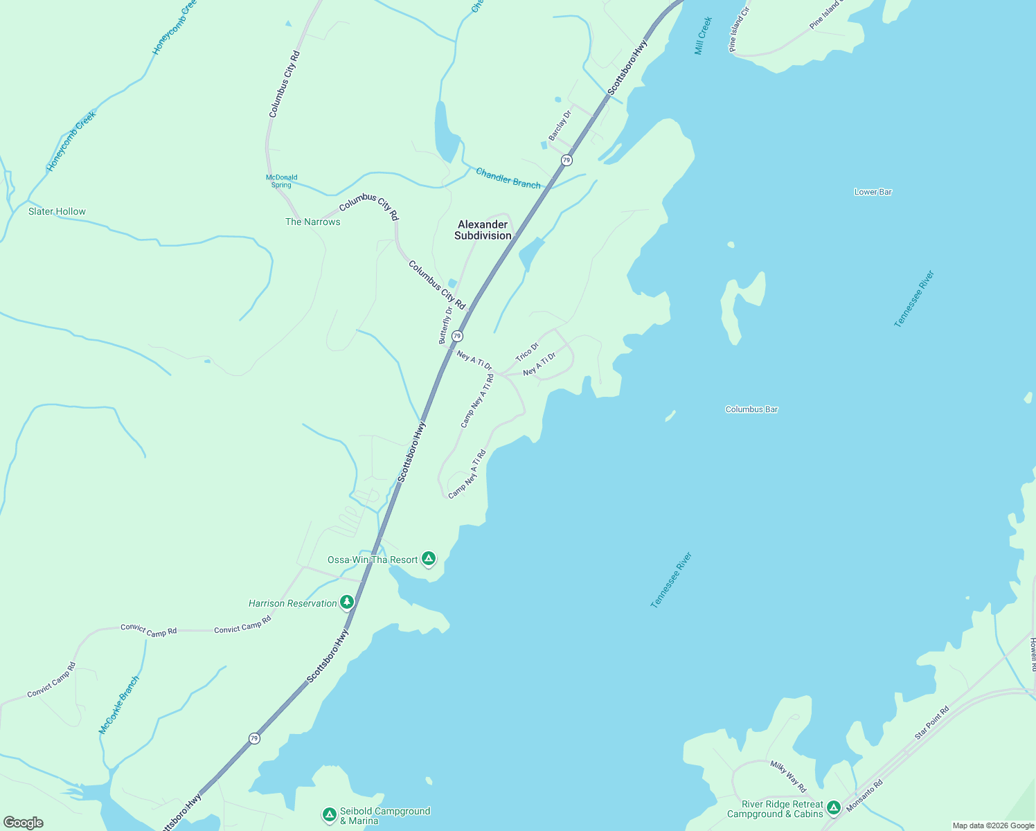 map of restaurants, bars, coffee shops, grocery stores, and more near 495 Camp Ney a Ti Road in Guntersville