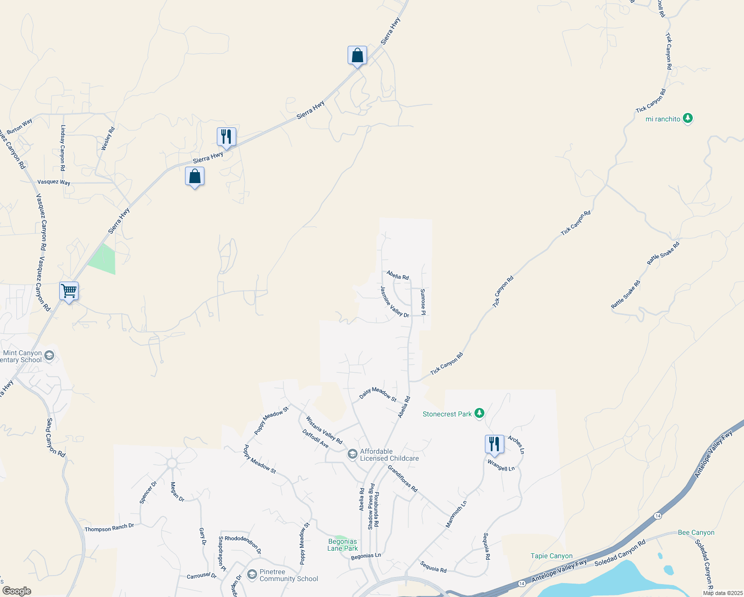 map of restaurants, bars, coffee shops, grocery stores, and more near 14722 Calla Lily Court in Santa Clarita