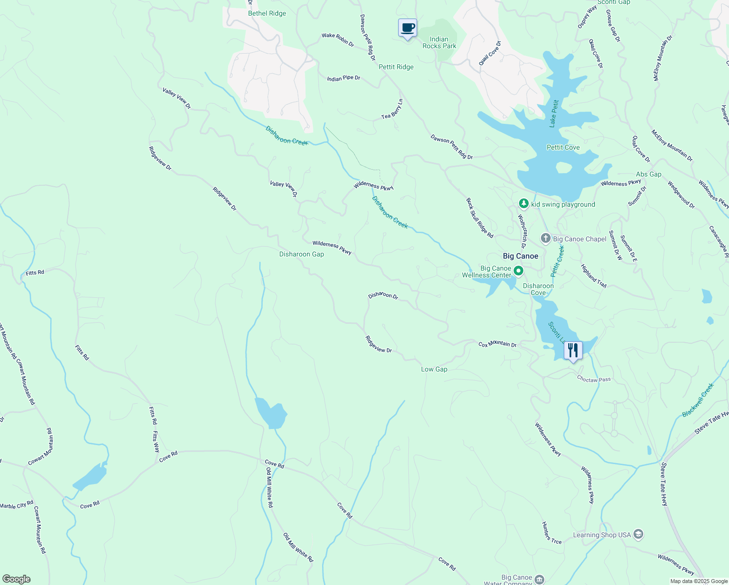 map of restaurants, bars, coffee shops, grocery stores, and more near Disharoon Drive in Pickens County