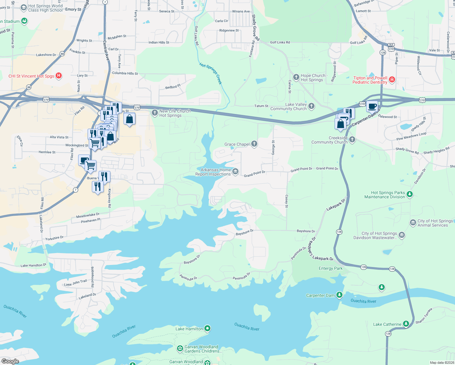 map of restaurants, bars, coffee shops, grocery stores, and more near 543 Grand Point Drive in Hot Springs