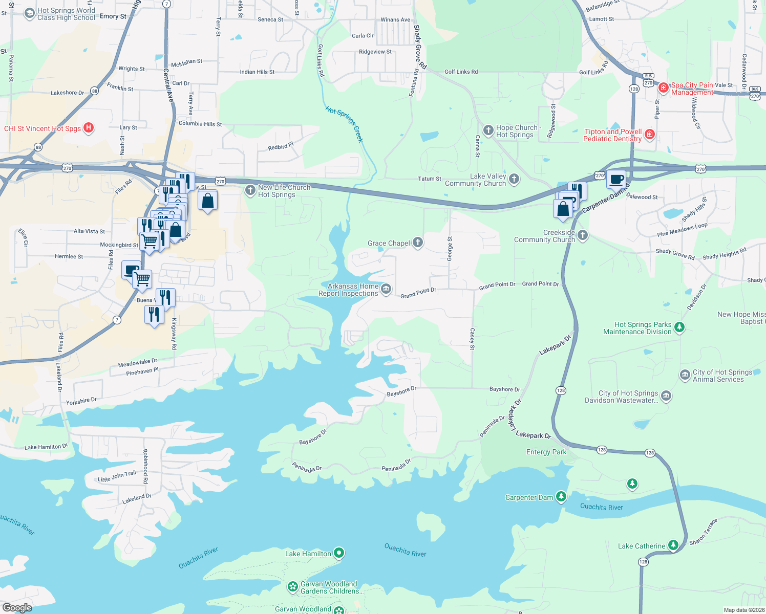 map of restaurants, bars, coffee shops, grocery stores, and more near 543 Grand Point Drive in Hot Springs