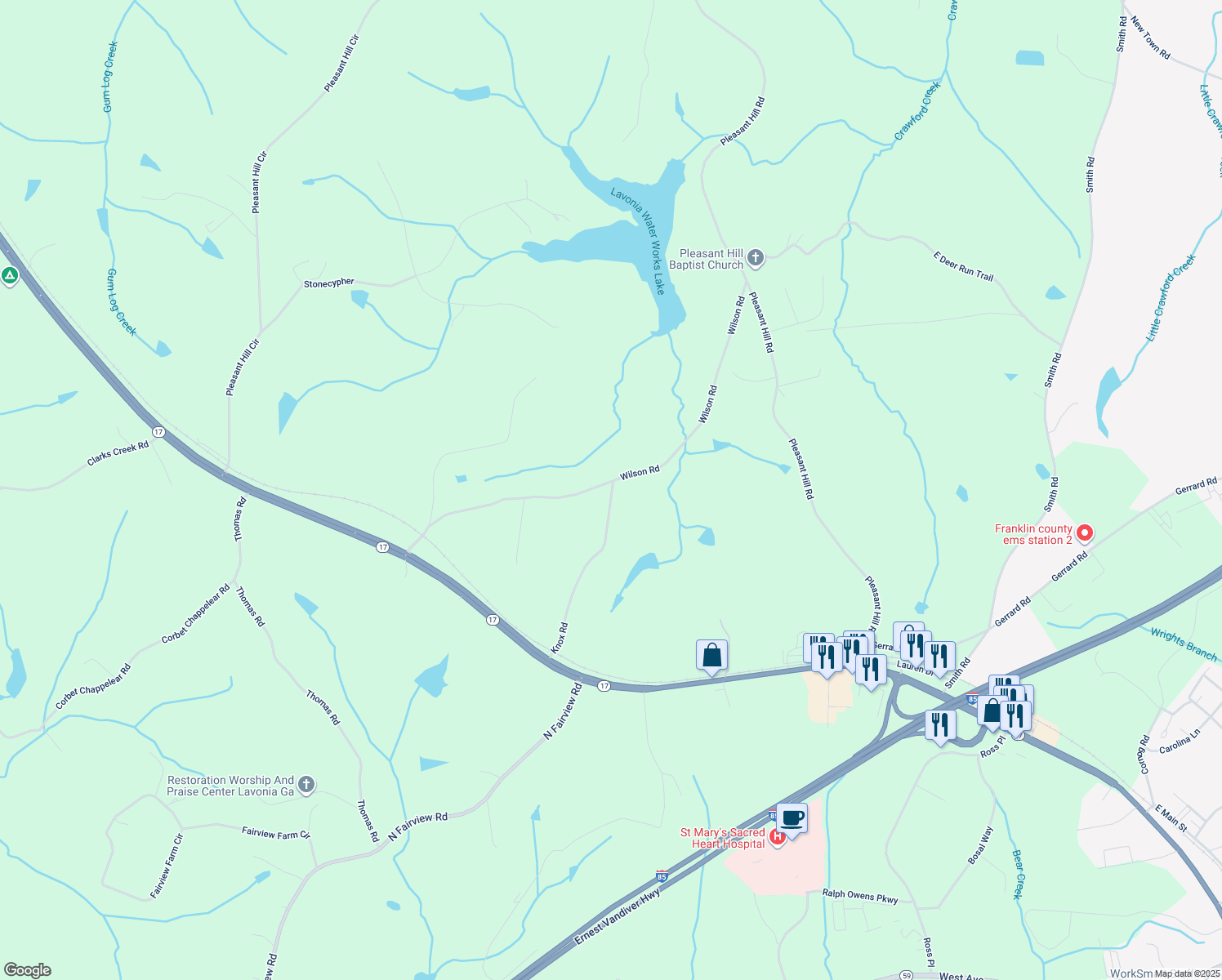 map of restaurants, bars, coffee shops, grocery stores, and more near 343 Knox Road in Martin