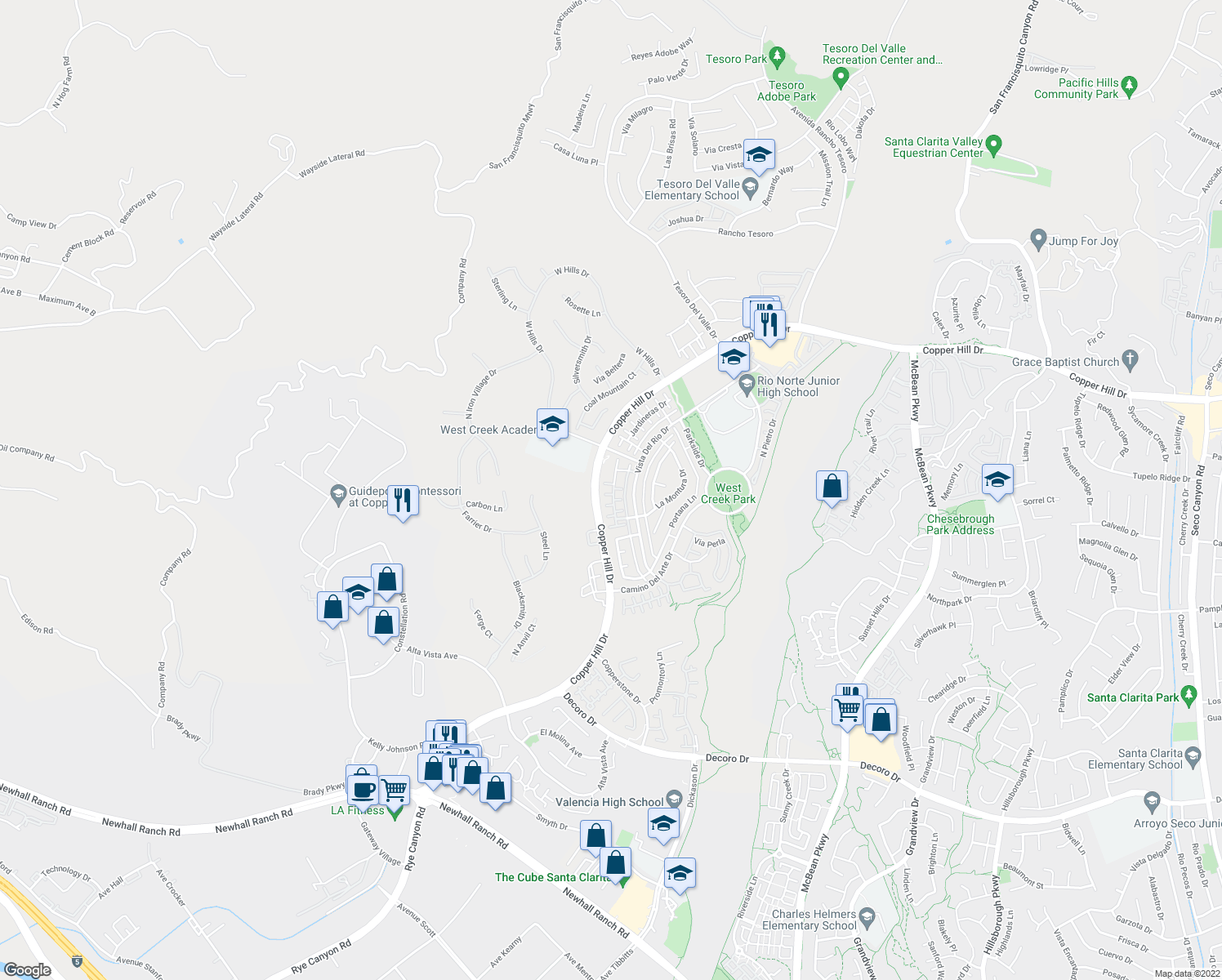 map of restaurants, bars, coffee shops, grocery stores, and more near 28523 Herrera Street in Santa Clarita