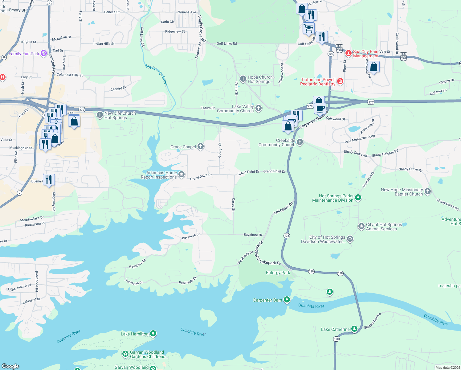 map of restaurants, bars, coffee shops, grocery stores, and more near 138 Casey Street in Hot Springs
